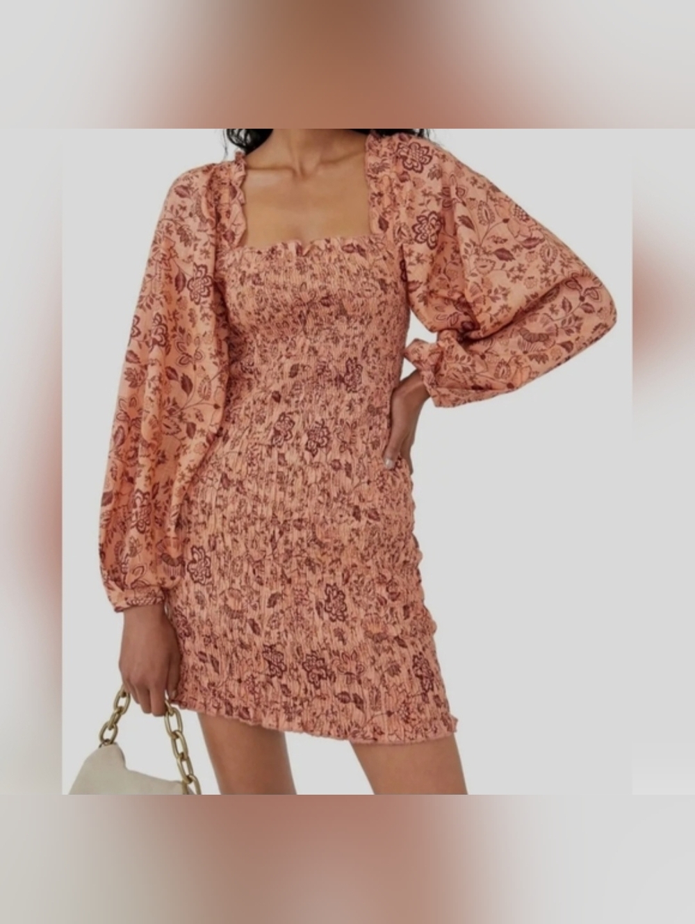 Free People Rose-Tone Floral Smocked Mini Dress